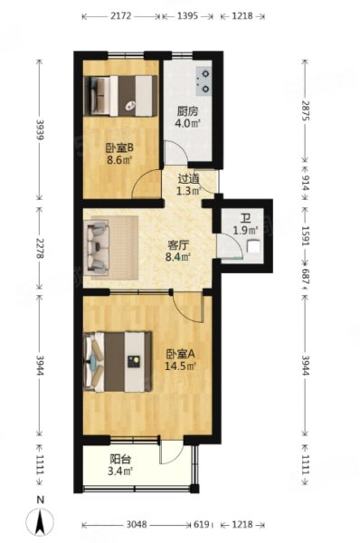 潘家园小区2室1厅1卫53.72㎡南北275万