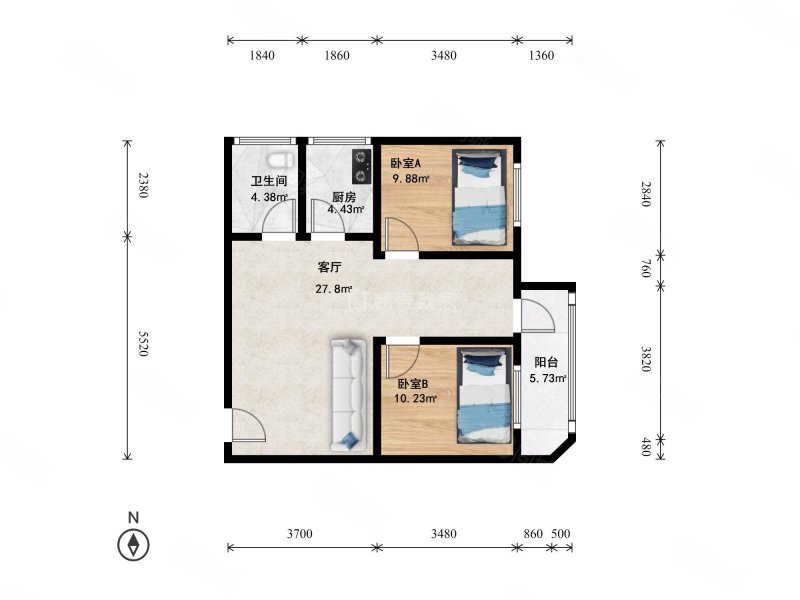 葛布店北里2室1厅1卫76.65㎡东北229万