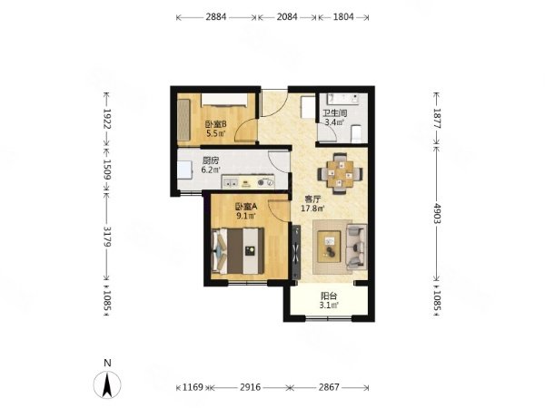 富力惠兰美居(D区)2室2厅1卫70.56㎡南230万