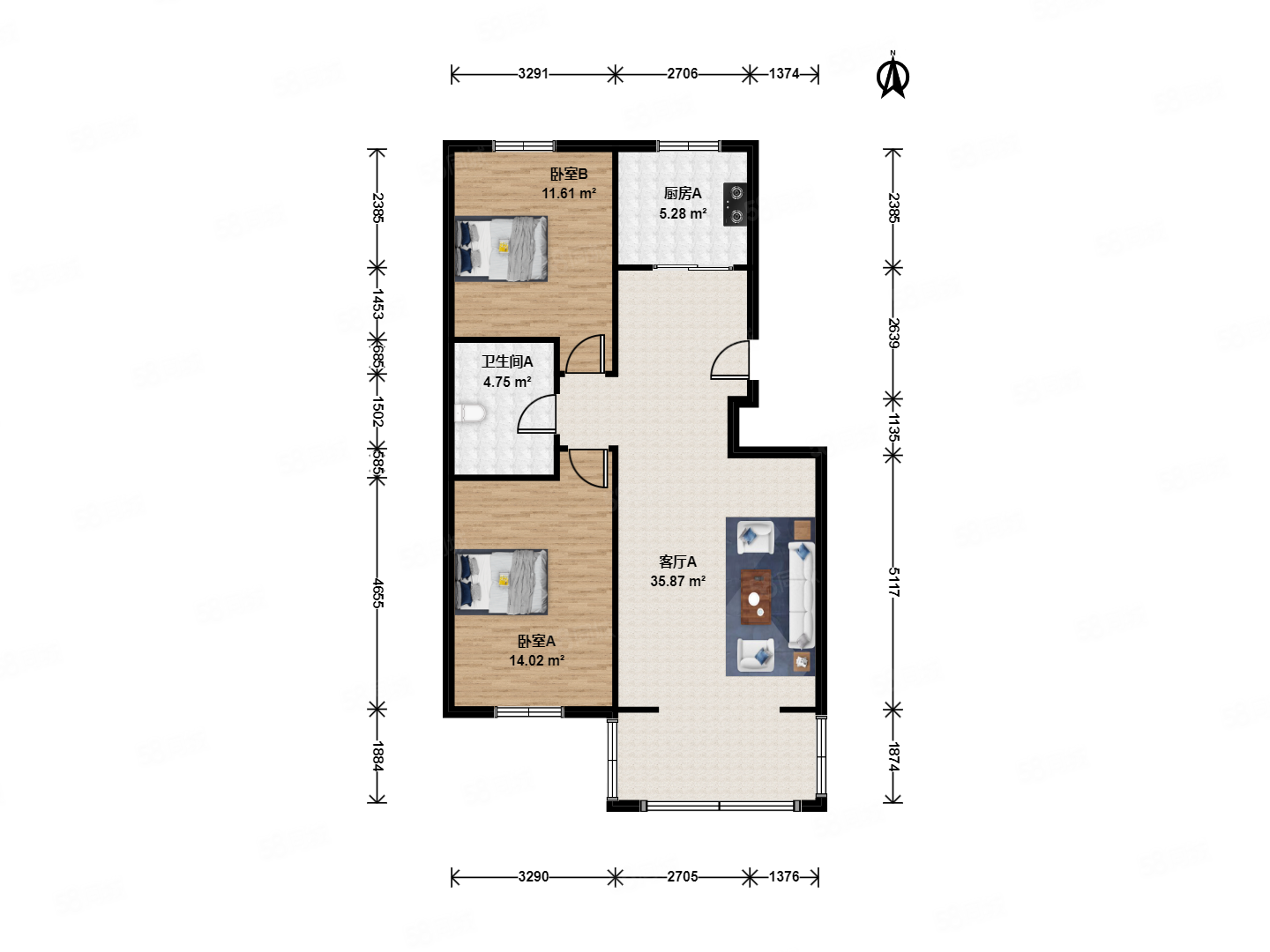 繡江南(群芳四園)2室1廳1衛(wèi)89.82㎡南北278萬(wàn)