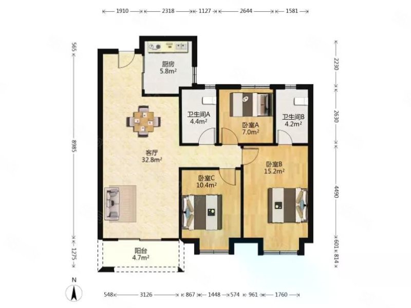 万科云城3室2厅2卫115.57㎡南北173万