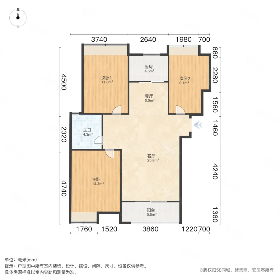 禹洲翡翠湖郡3室2厅1卫107.78㎡南北185万