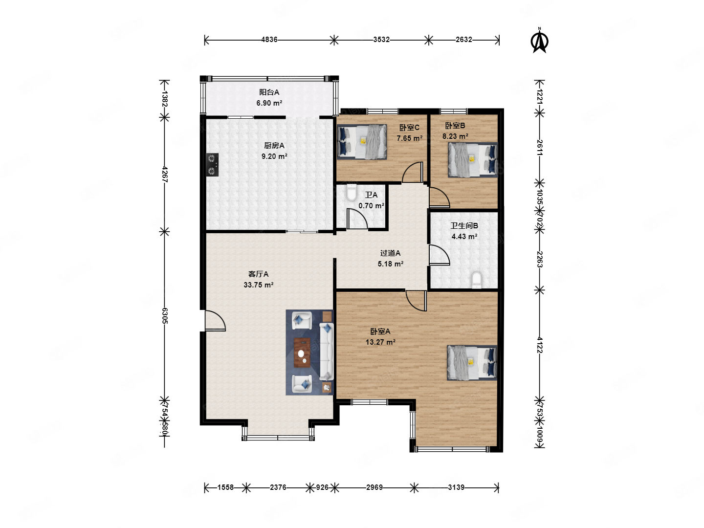 華僑村3室1廳2衛(wèi)168.1㎡南1199萬