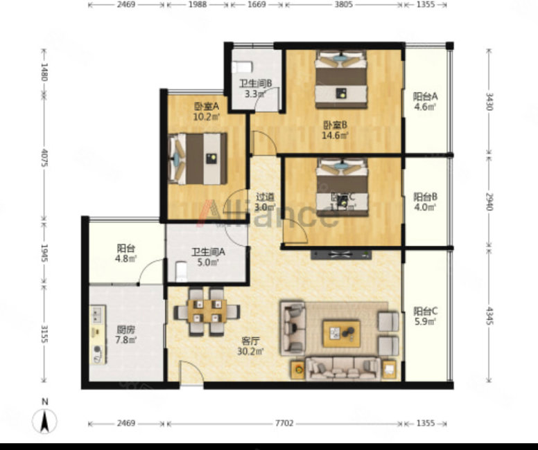 百灵阳光商住楼3室2厅2卫122.2㎡南北127万