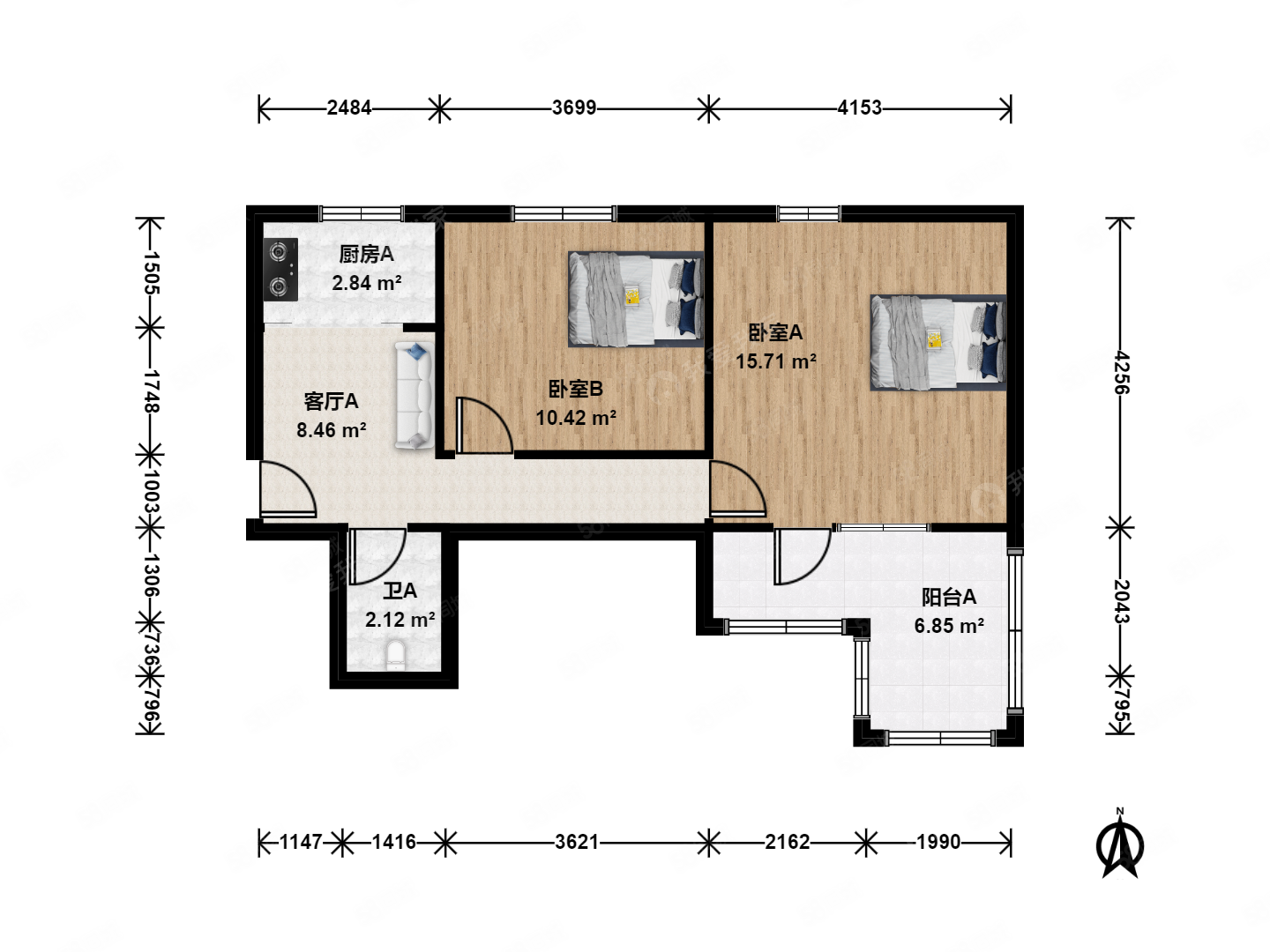 八角北里2室1厅1卫53.77㎡南北233万