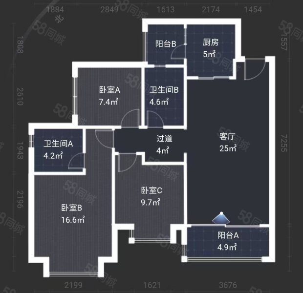 恒大名城3室2厅2卫106㎡西南155万