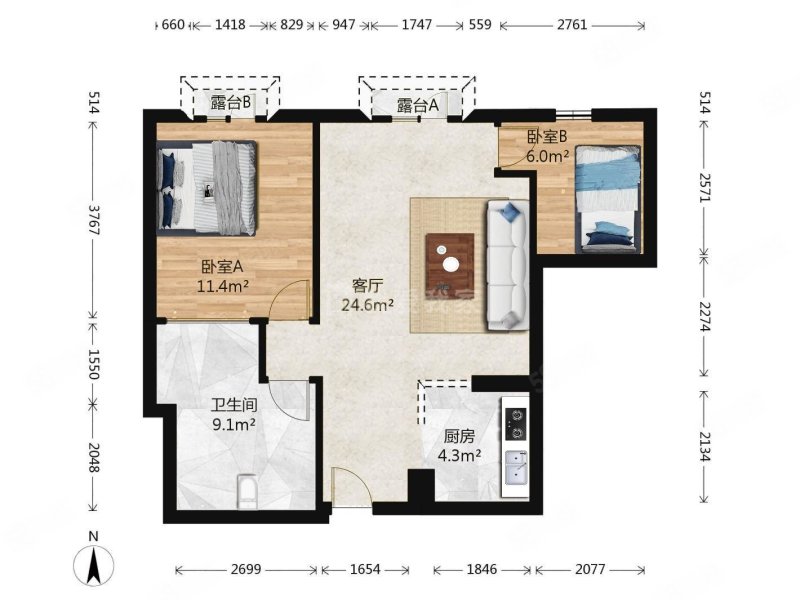 瑞士公寓2室1厅1卫89.01㎡北850万