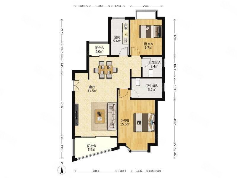 爱建园2室2厅2卫115㎡南北970万