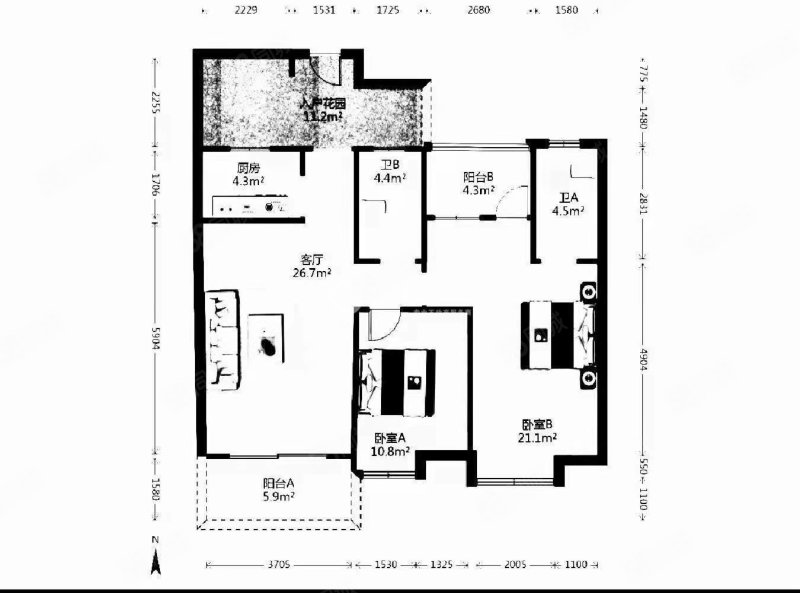 大唐名门印象3室2厅2卫107㎡南北210万