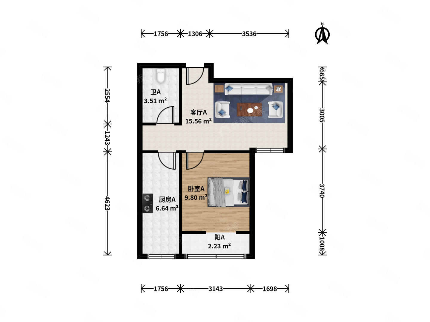 金隅濱和園(1號(hào)院)1室1廳1衛(wèi)57.05㎡南139萬