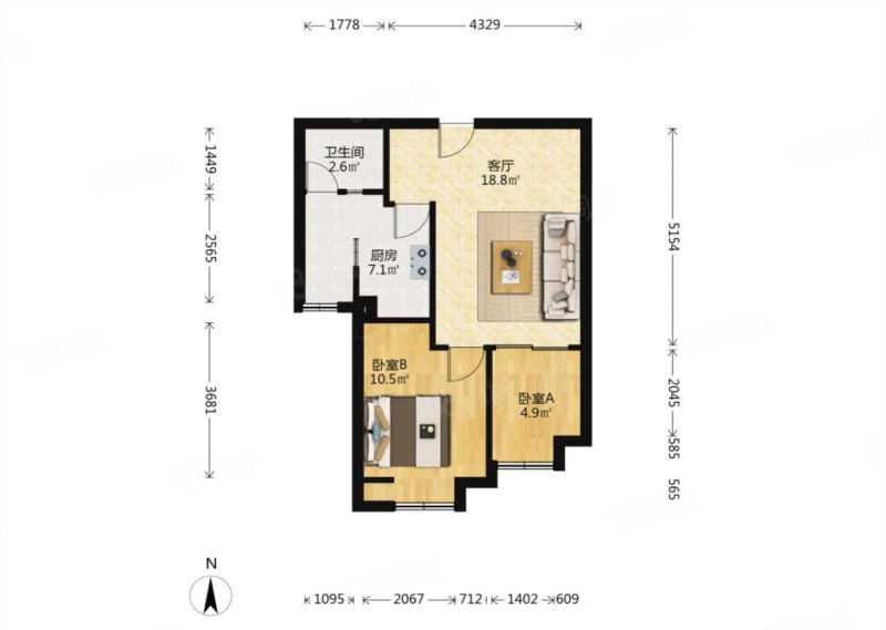 中铁山水时光F组团2室2厅1卫55㎡南北63万