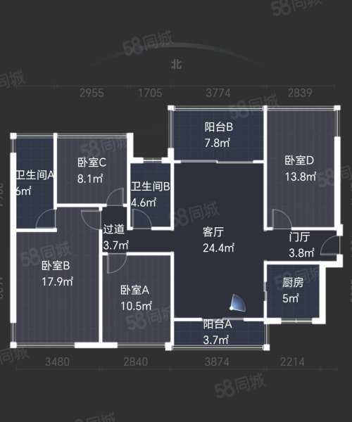 霖峰一号4室2厅2卫123.25㎡南北175万