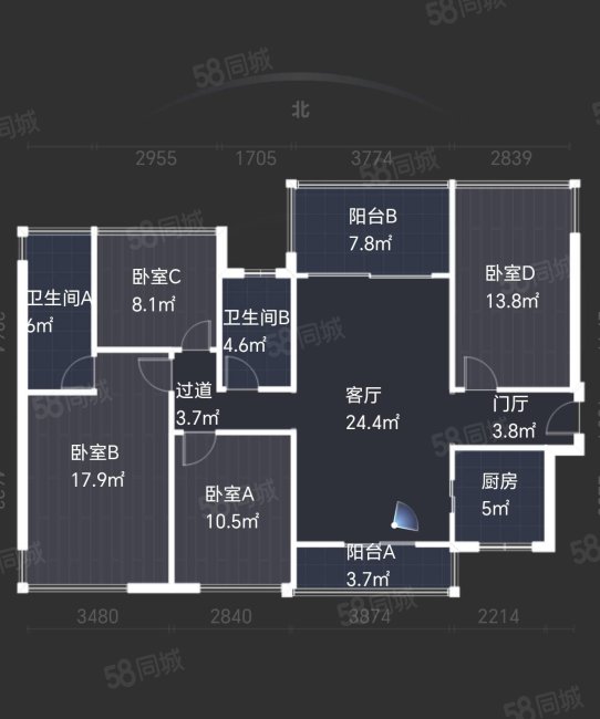 霖峰一号4室2厅2卫123.25㎡南北175万