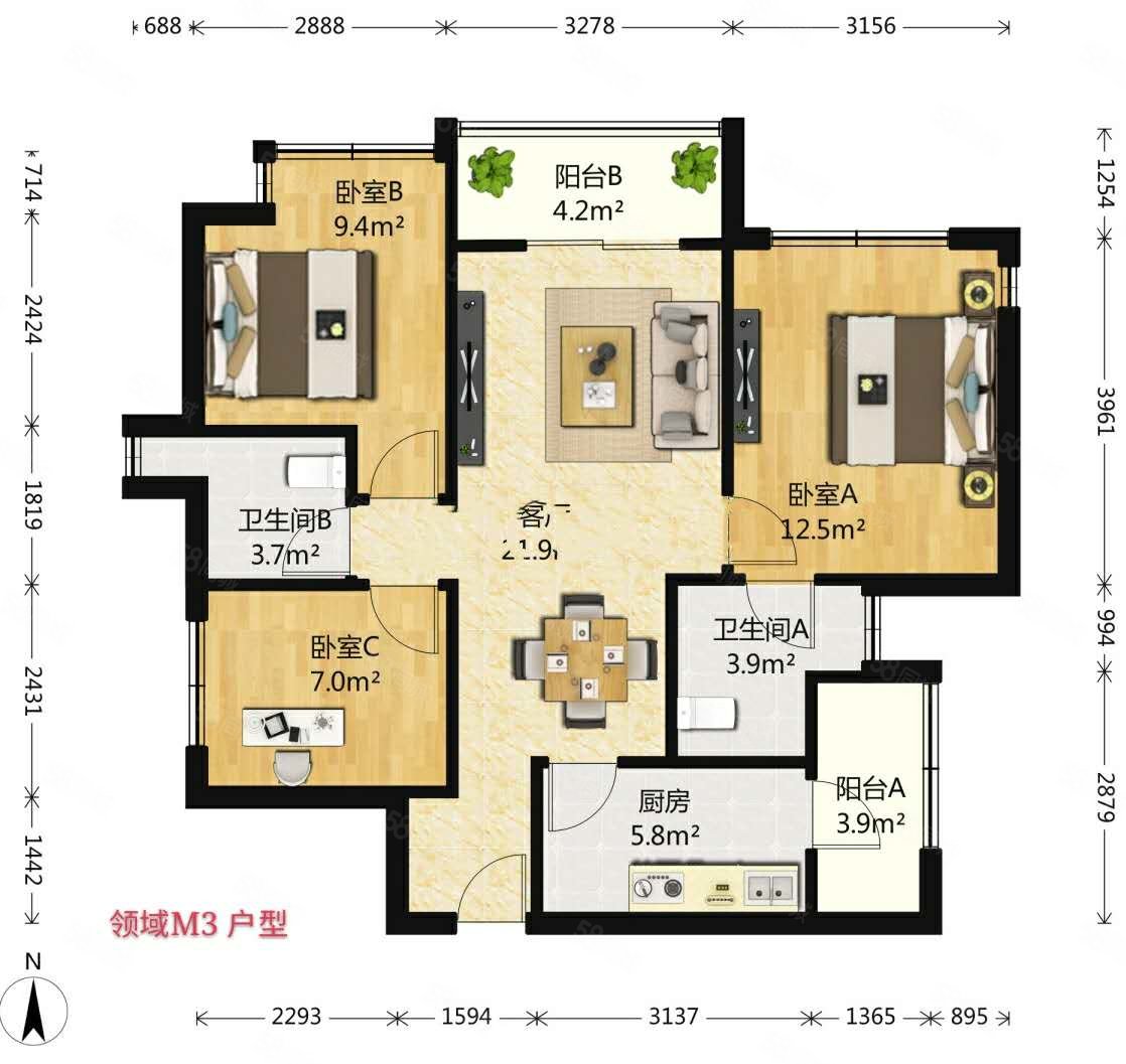 万科金色领域3室2厅2卫93.24㎡北183万