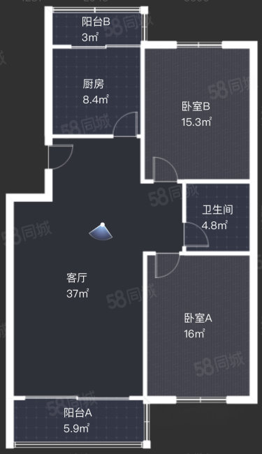 中庭山景2室2厅2卫104.18㎡南北155万