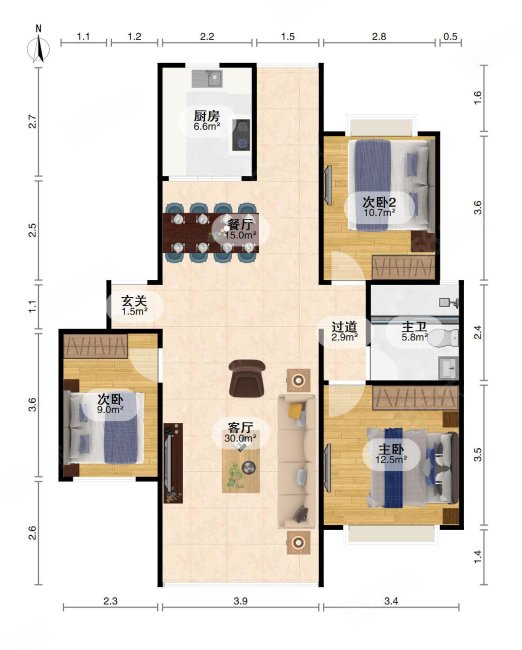 玉河明珠小区3室2厅1卫114㎡南北105万