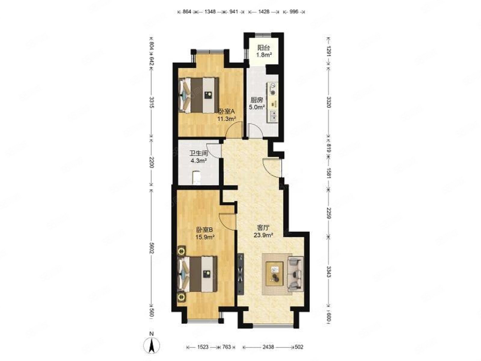 天恒樂活城(南區(qū))2室1廳1衛(wèi)82.6㎡南北157萬