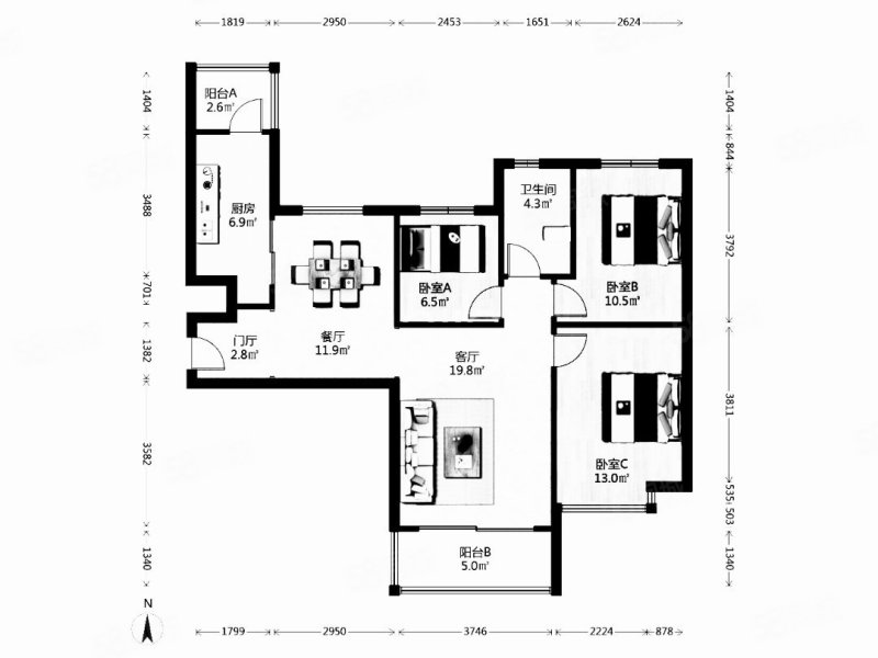 恒大帝景3室2厅1卫110.28㎡南北108万