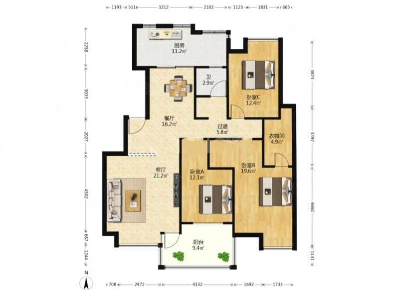 金华园南园C区3室2厅2卫132.3㎡南北249万