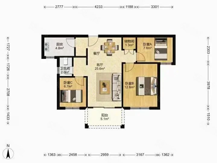 盛和家园(北区)3室1厅1卫90.45㎡南北128万