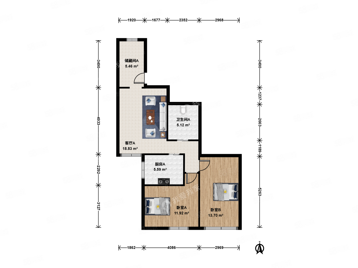 慧忠北里2室1廳1衛(wèi)69.67㎡南588萬