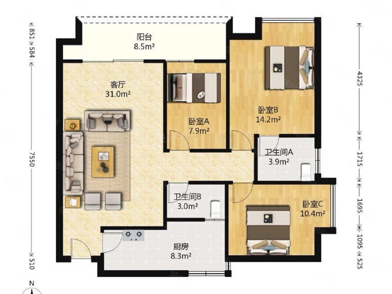 江津香林华府3室2厅2卫108㎡南北56.8万