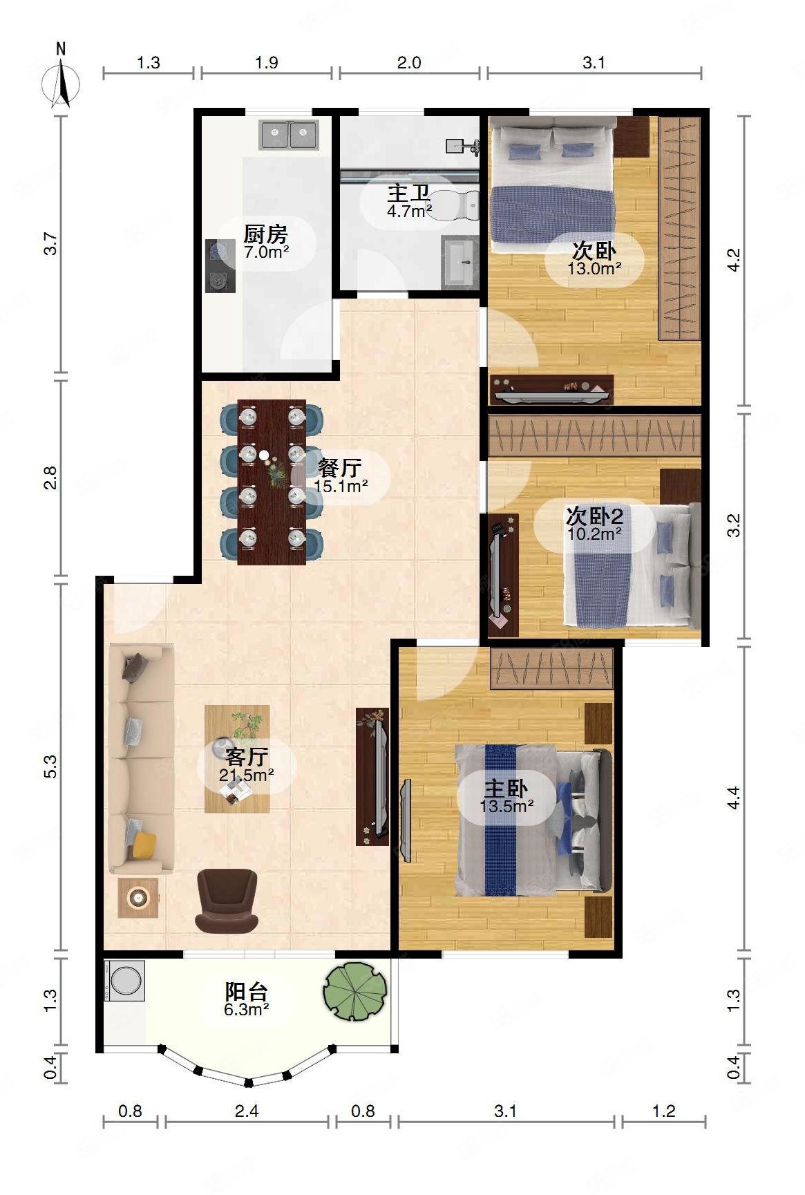 钢都欧式花园3室2厅1卫109.32㎡南北115万