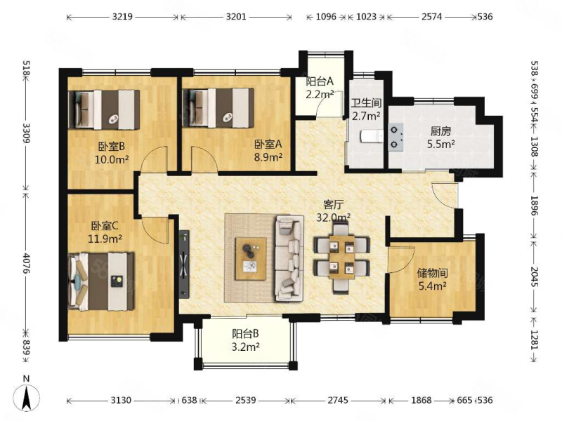 万科城(一期)3室2厅1卫88.3㎡南北152万