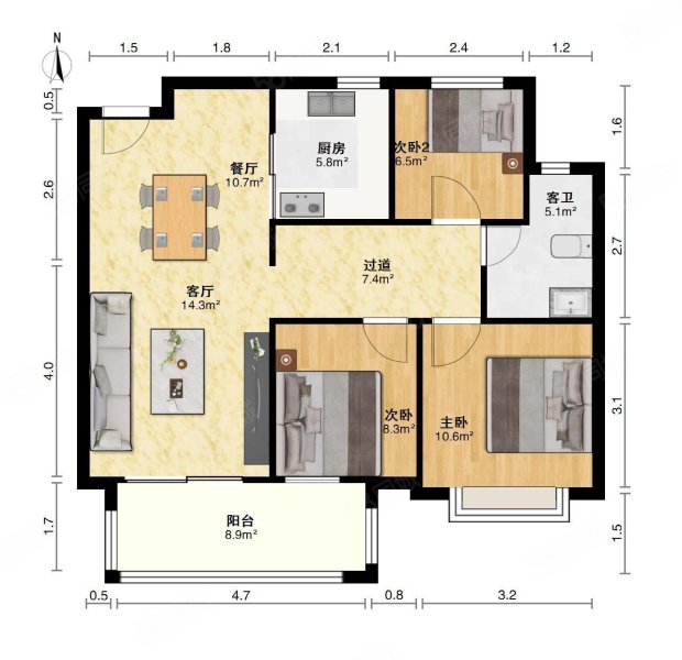 绿地朝阳中心3室2厅0卫97.48㎡南140万