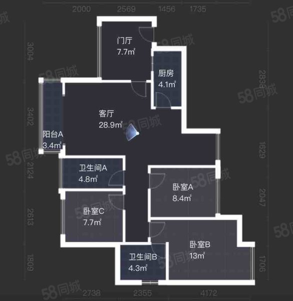 中森光华1号3室2厅2卫84.88㎡南126万