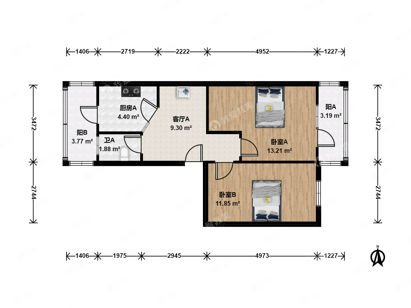 蘋果園一區(qū)2室1廳1衛(wèi)59.21㎡東西220萬