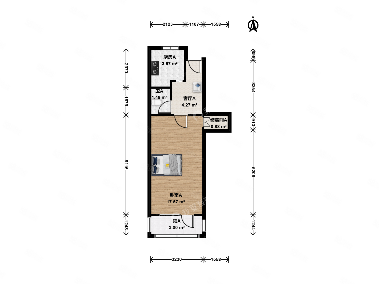 安外西河沿1室1廳1衛(wèi)43.39㎡南429萬