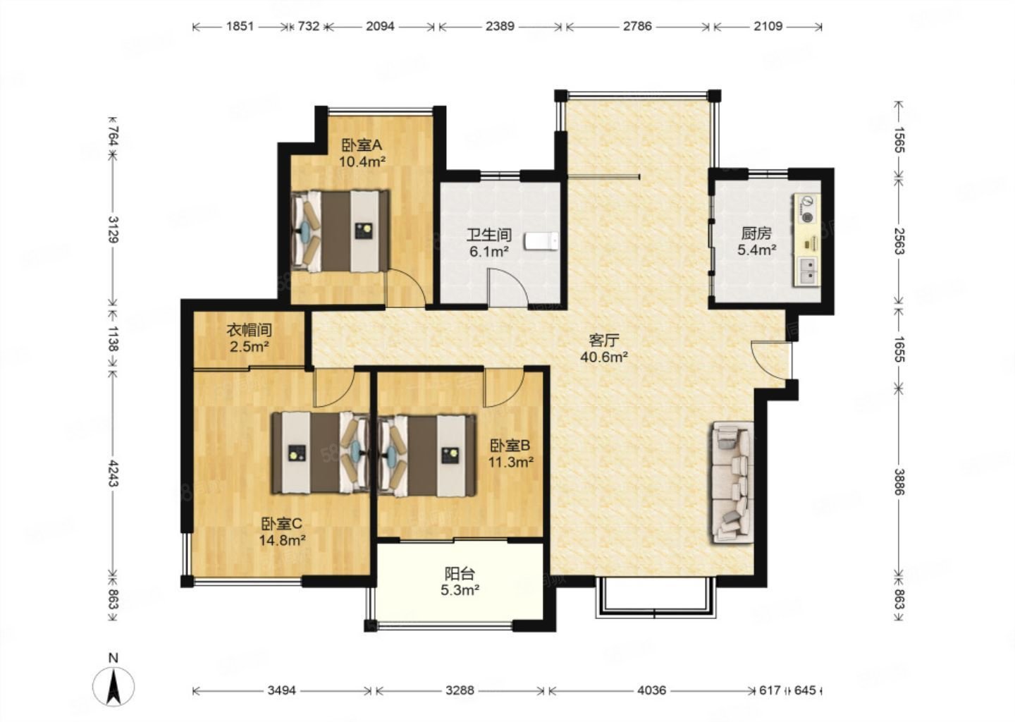 柏庄丽城3室2厅1卫121㎡南北160万