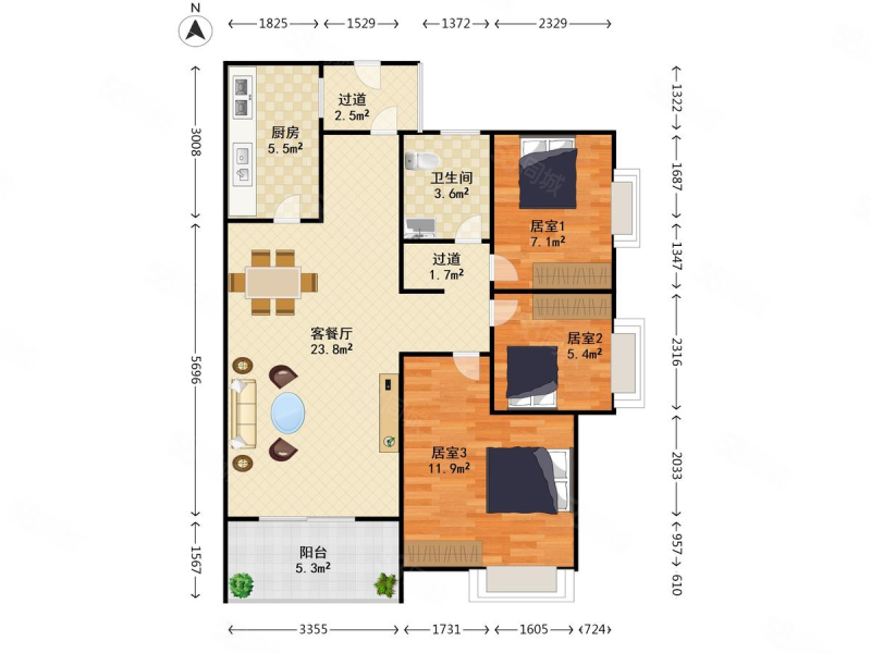 置业花园3室2厅2卫75㎡南北18万