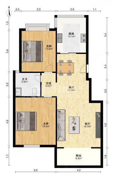 高新住宅小区2室2厅1卫86.9㎡南北85万