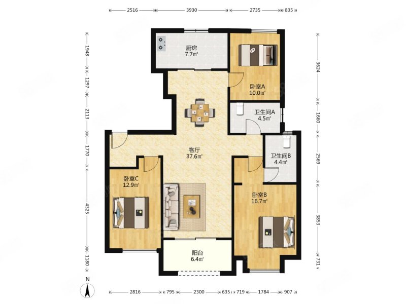 万科城南区3室2厅2卫128㎡南北140万