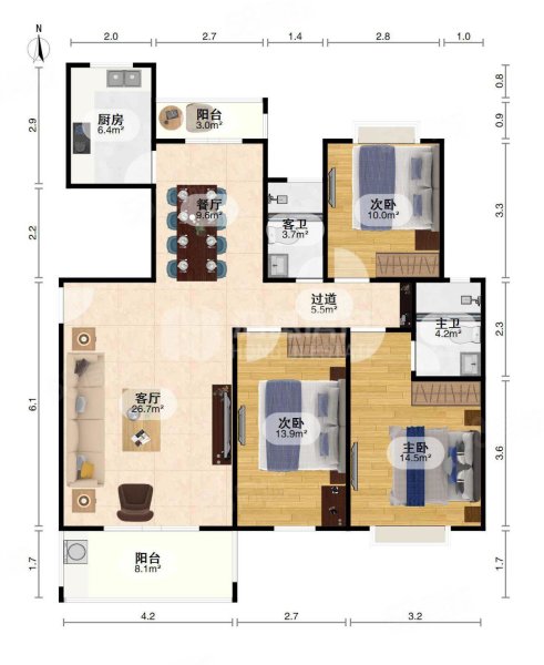 联泰香域滨江3室2厅2卫137㎡南北250万