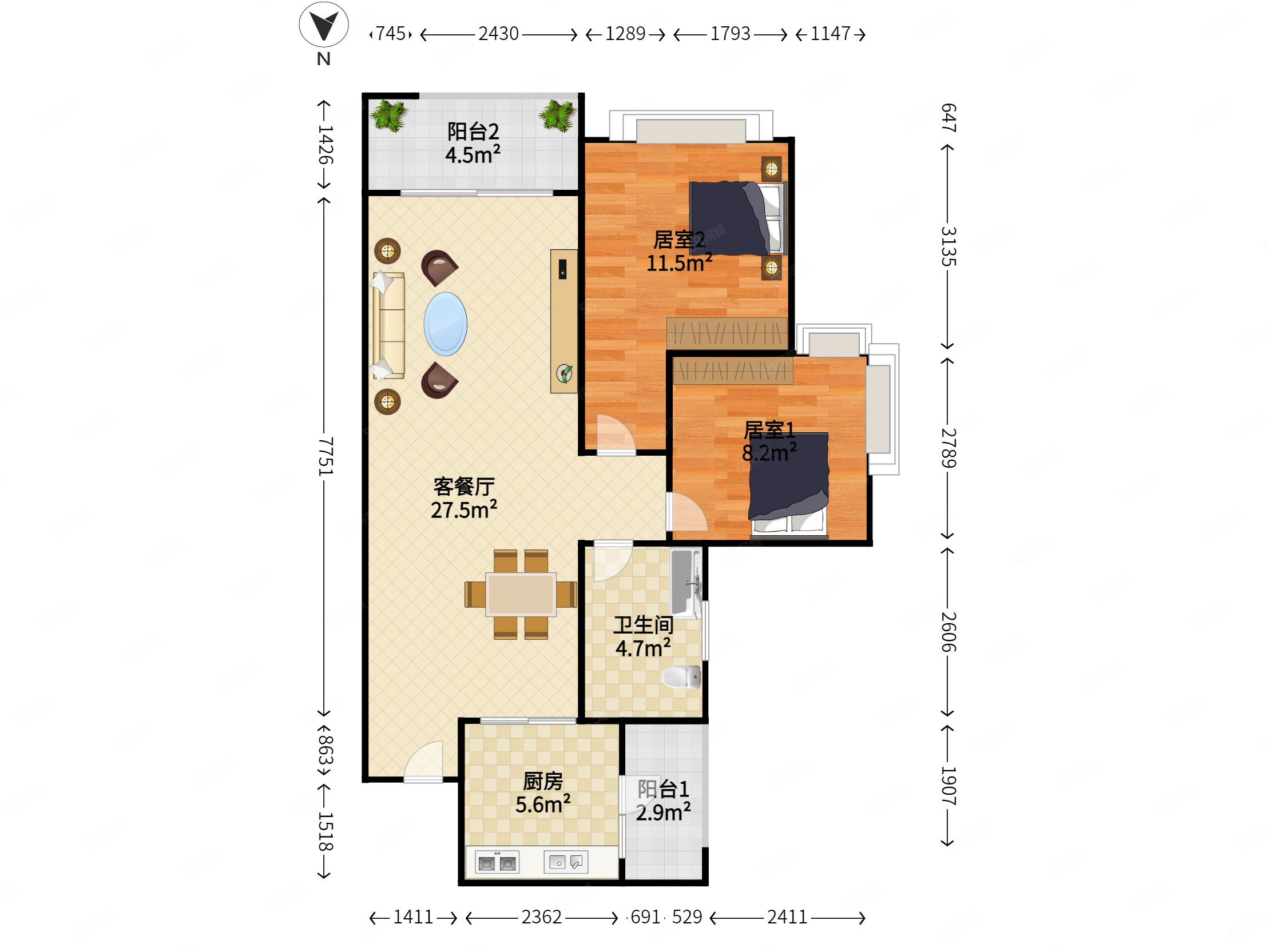 满京华云著(二期)2室2厅1卫72.21㎡南0万
