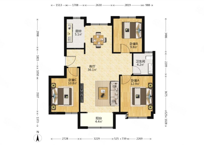 紫涵樾府3室2厅1卫118.4㎡南北125万