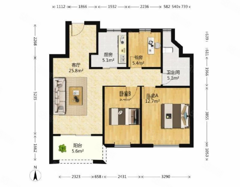 保利艾庐3室2厅1卫86.62㎡南北398万