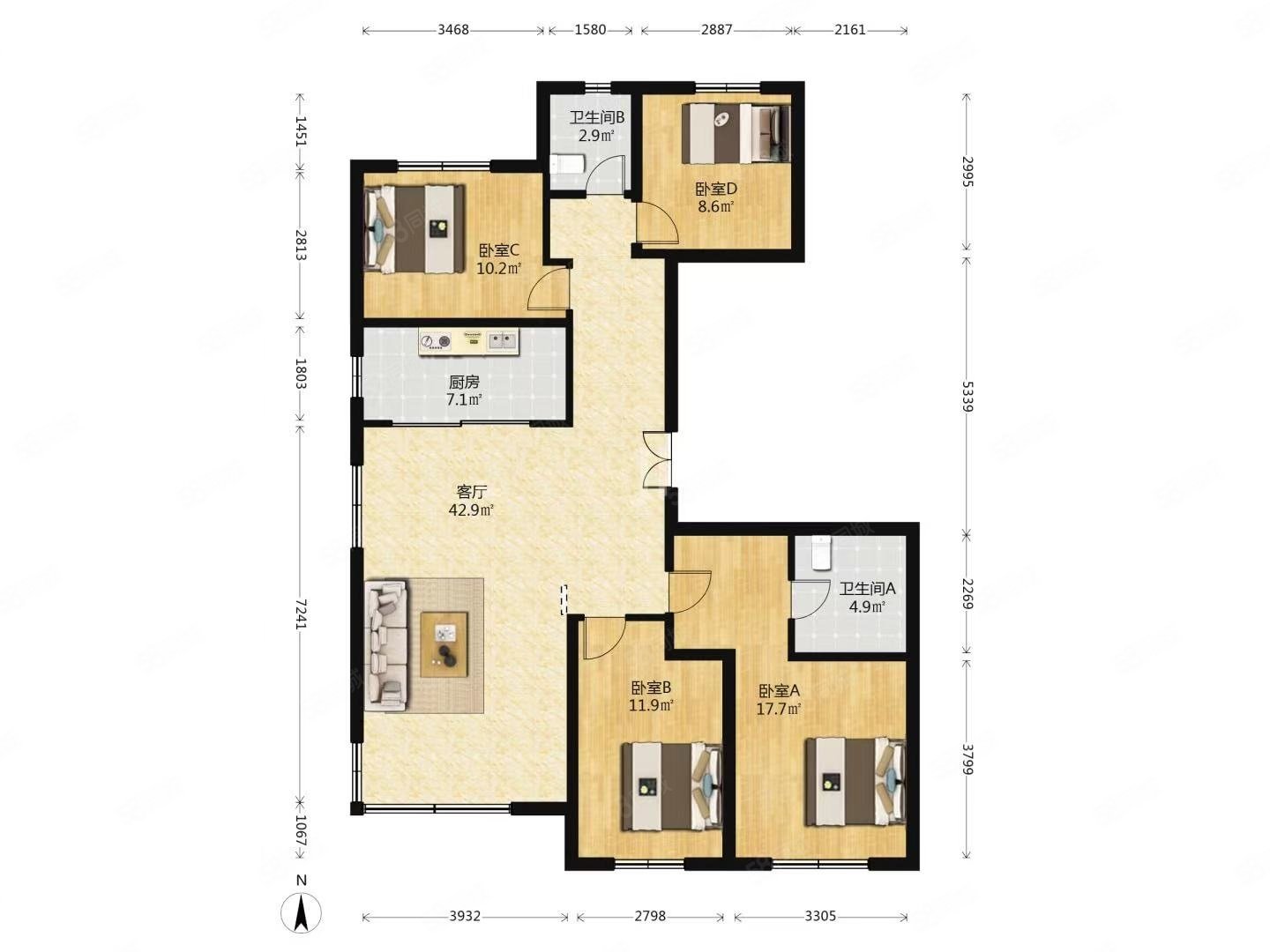 長安和璽4室2廳2衛(wèi)146.62㎡南北1190萬