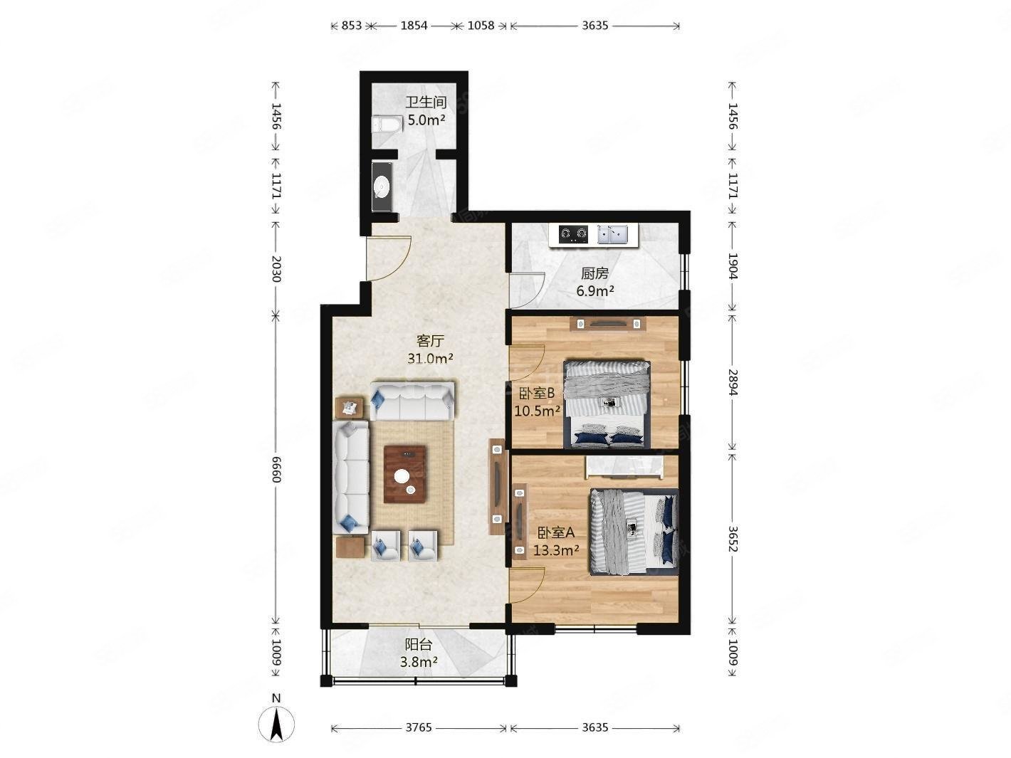 首鋼金頂街五區(qū)居民區(qū)(金頂街五區(qū))2室1廳1衛(wèi)93.22㎡東南389萬