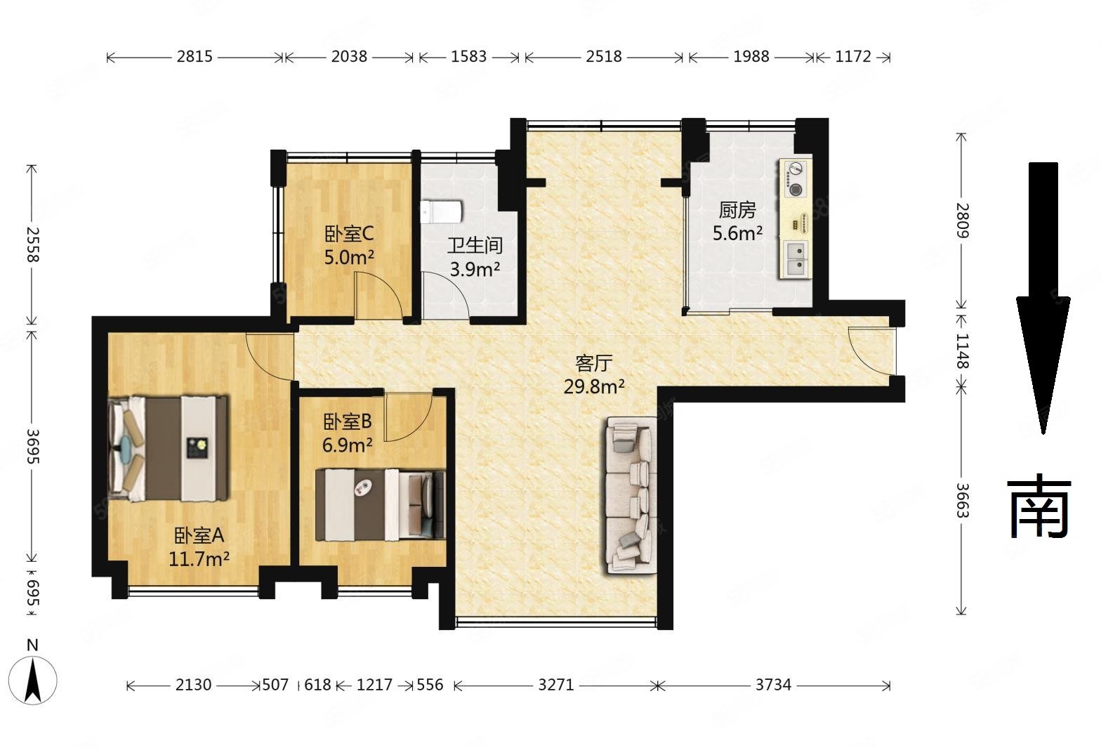 仁恒滨河湾3室2厅1卫100.17㎡南北190万