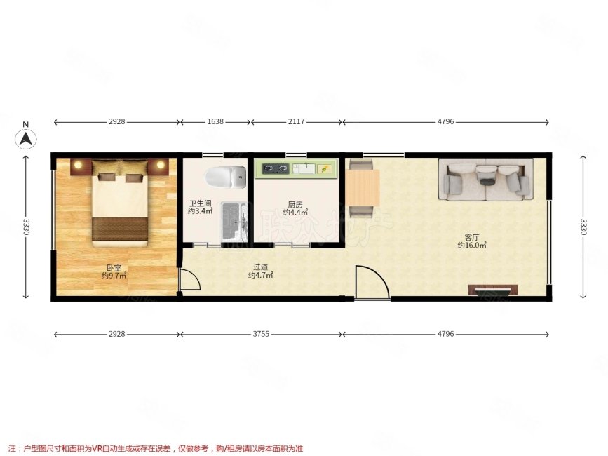 鴻坤理想城大滿貫1室1廳1衛(wèi)64.23㎡南北155萬