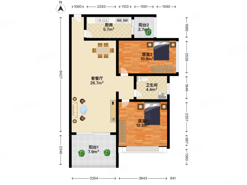 中海怡翠2室1厅1卫70.48㎡南北263万