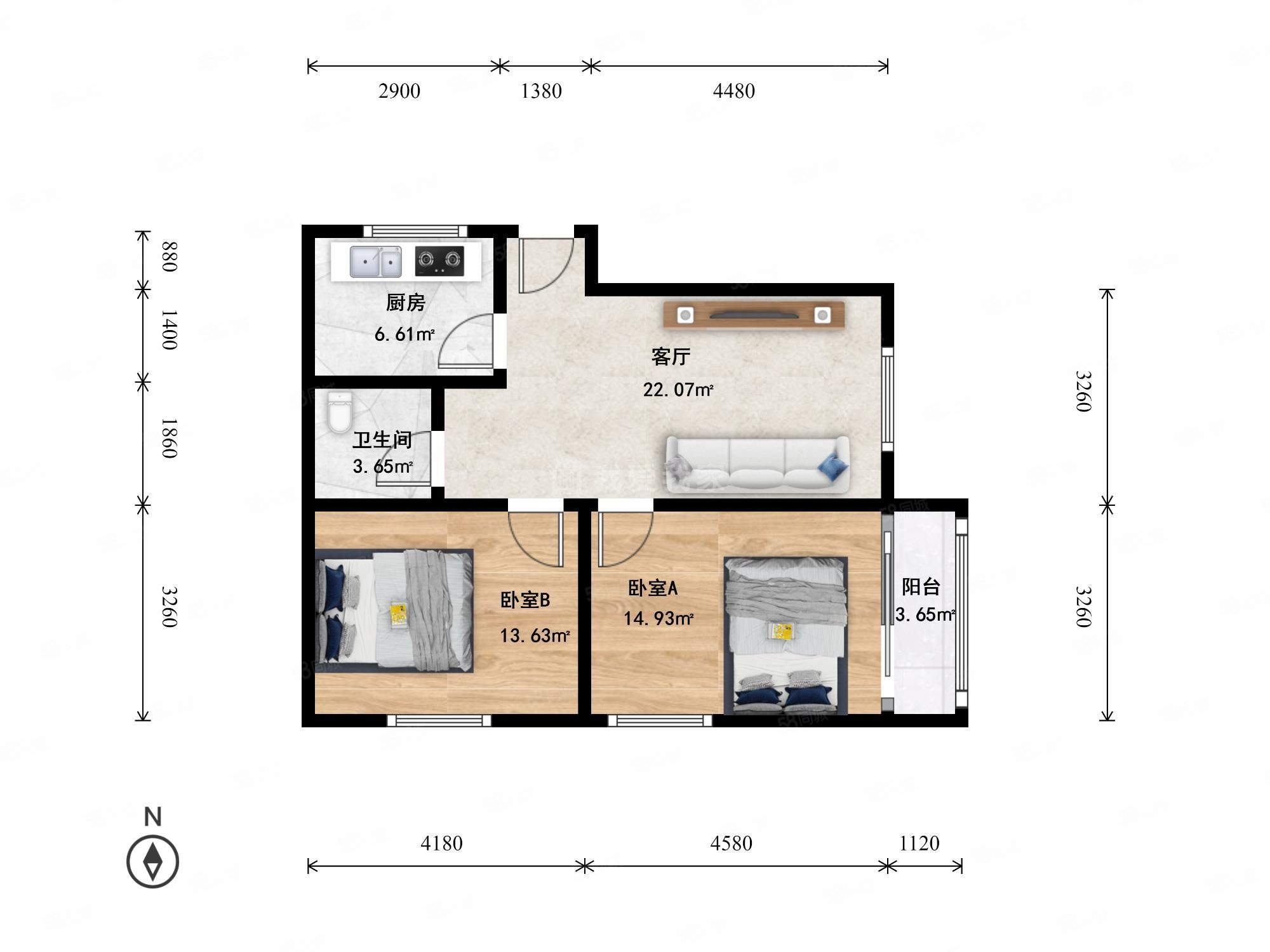 首开国风美唐朗观2室1厅1卫81.74㎡东西535万
