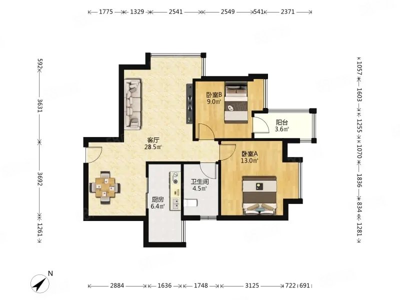 梧桐2室2厅1卫76.29㎡南北118万