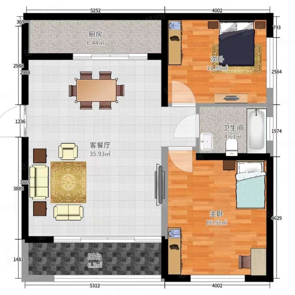 瑞华园2室2厅1卫90㎡南北59万