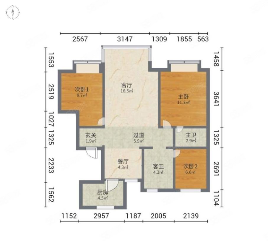 中建壹方九里锦澜华庭3室2厅2卫96㎡南北138万