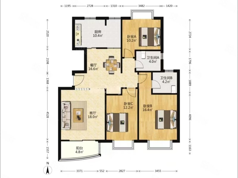 万邦都市花园3室2厅2卫124.53㎡南北888万